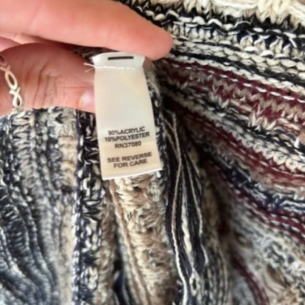 Cato Open Front Cardigan Sweater Loose Knit Fringe Neutral Beige Navy 22/24 W - Picture 9 of 9